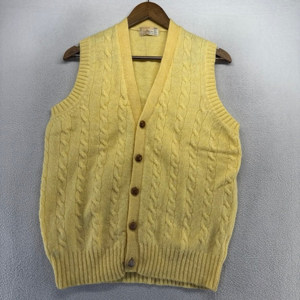 Vintage Braemar Cardigan Vest Mens Large Yellow Sweater Shetland Cable Wool 70s